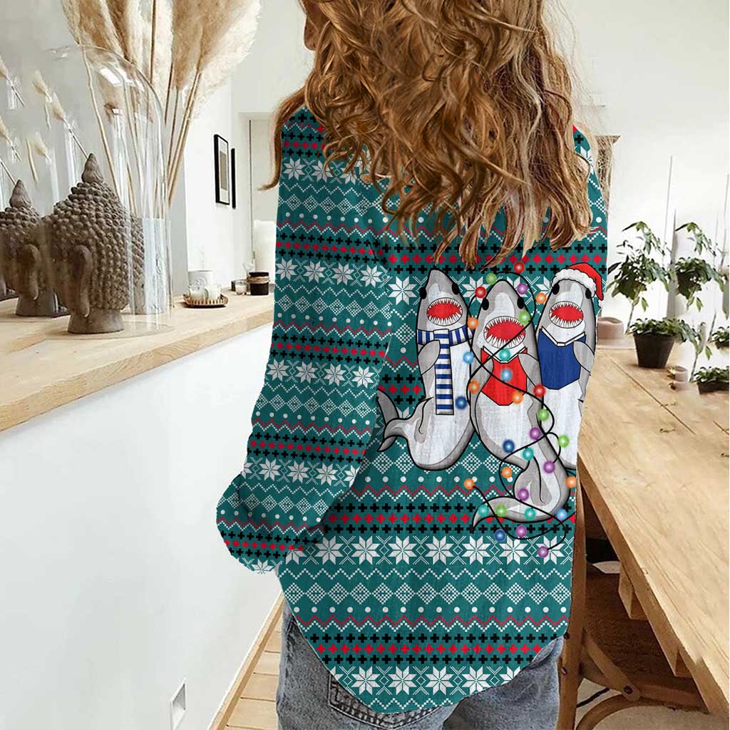 Funny Shark Christmas Women Casual Shirt Xmas Holiday Patterns - Wonder Print Shop