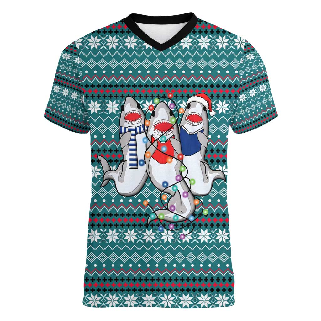 Funny Shark Christmas Women V-Neck T-Shirt Xmas Holiday Patterns - Wonder Print Shop