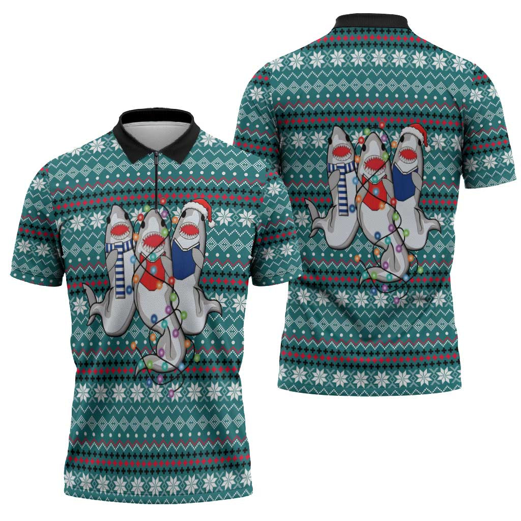 Funny Shark Christmas Zipper Polo Shirt Xmas Holiday Patterns - Wonder Print Shop