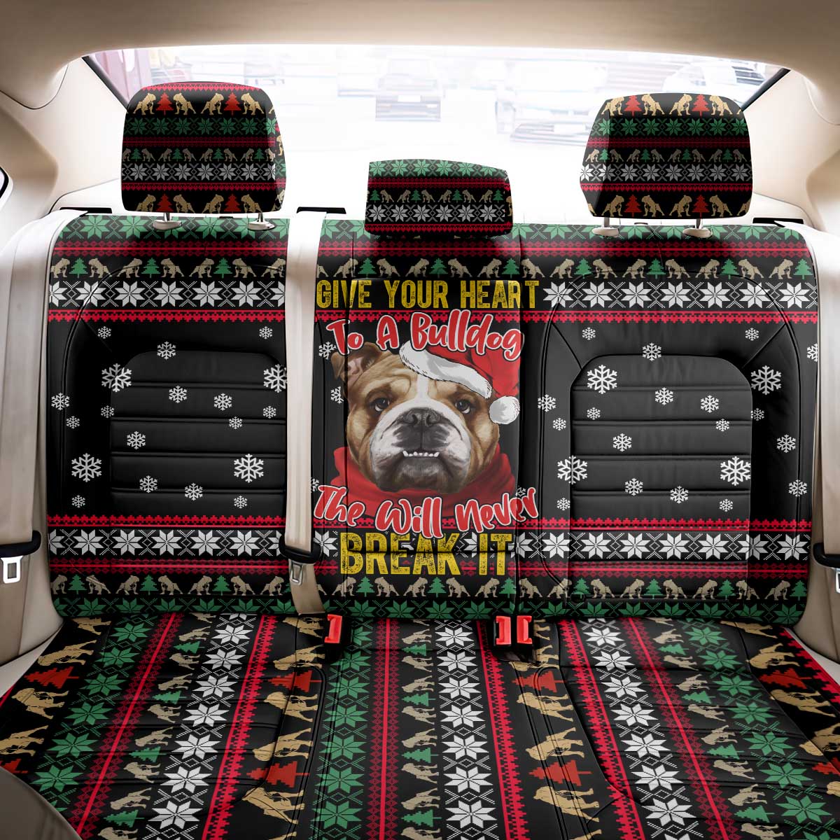Give Your Heart Bulldog Christmas Back Car Seat Cover Xmas Holiday Patterns - Wonder Print Shop