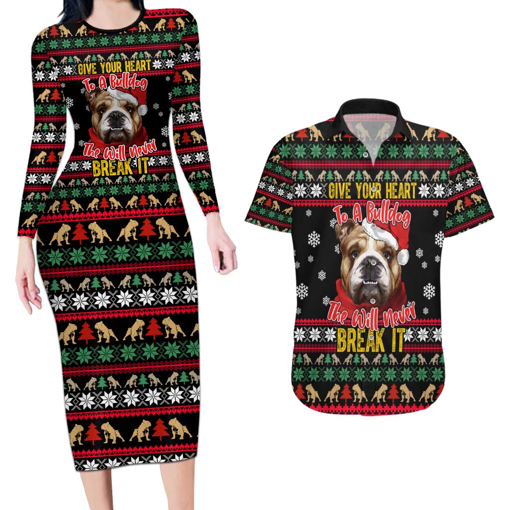 Give Your Heart Bulldog Christmas Couples Matching Long Sleeve Bodycon Dress and Hawaiian Shirt Xmas Holiday Patterns - Wonder Print Shop