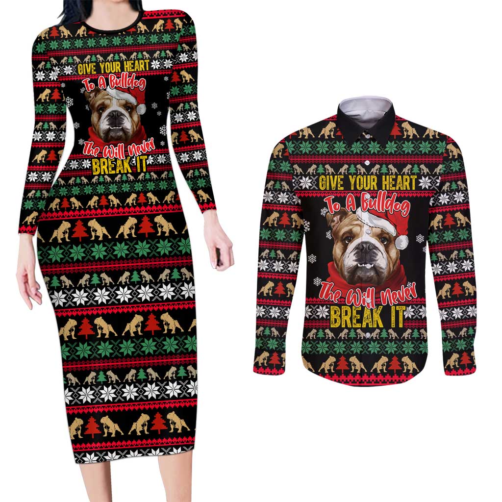 Give Your Heart Bulldog Christmas Couples Matching Long Sleeve Bodycon Dress and Long Sleeve Button Shirt Xmas Holiday Patterns - Wonder Print Shop