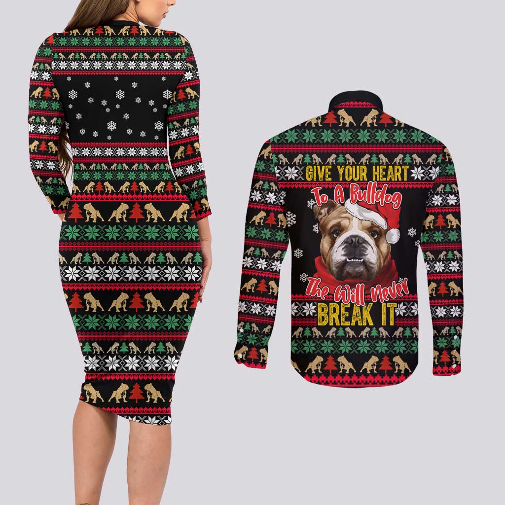 Give Your Heart Bulldog Christmas Couples Matching Long Sleeve Bodycon Dress and Long Sleeve Button Shirt Xmas Holiday Patterns - Wonder Print Shop