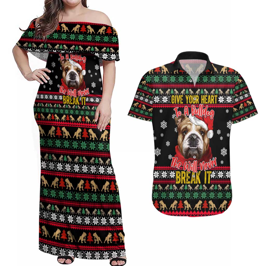 Give Your Heart Bulldog Christmas Couples Matching Off Shoulder Maxi Dress and Hawaiian Shirt Xmas Holiday Patterns - Wonder Print Shop