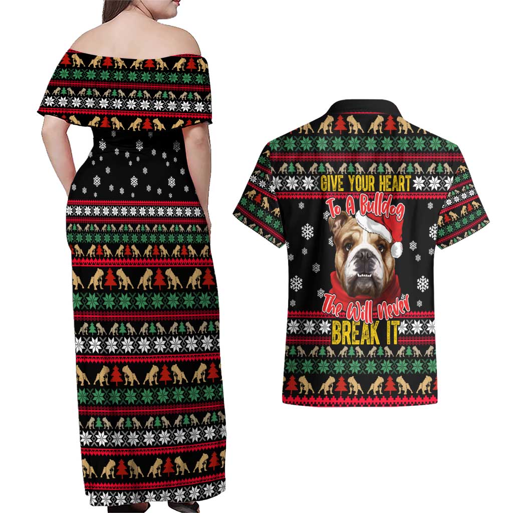 Give Your Heart Bulldog Christmas Couples Matching Off Shoulder Maxi Dress and Hawaiian Shirt Xmas Holiday Patterns - Wonder Print Shop