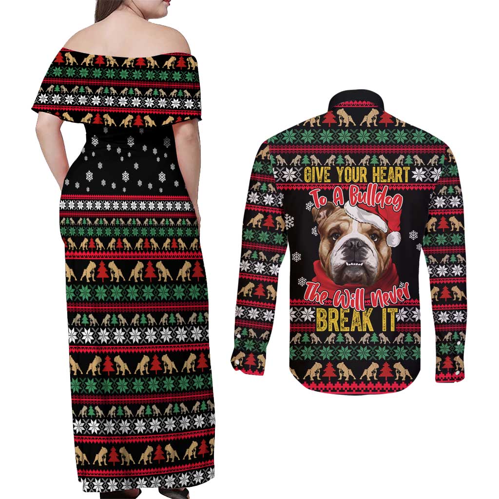 Give Your Heart Bulldog Christmas Couples Matching Off Shoulder Maxi Dress and Long Sleeve Button Shirt Xmas Holiday Patterns - Wonder Print Shop