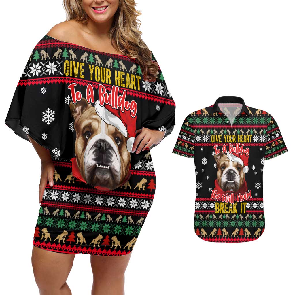 Give Your Heart Bulldog Christmas Couples Matching Off Shoulder Short Dress and Hawaiian Shirt Xmas Holiday Patterns - Wonder Print Shop