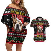 Give Your Heart Bulldog Christmas Couples Matching Off Shoulder Short Dress and Hawaiian Shirt Xmas Holiday Patterns - Wonder Print Shop