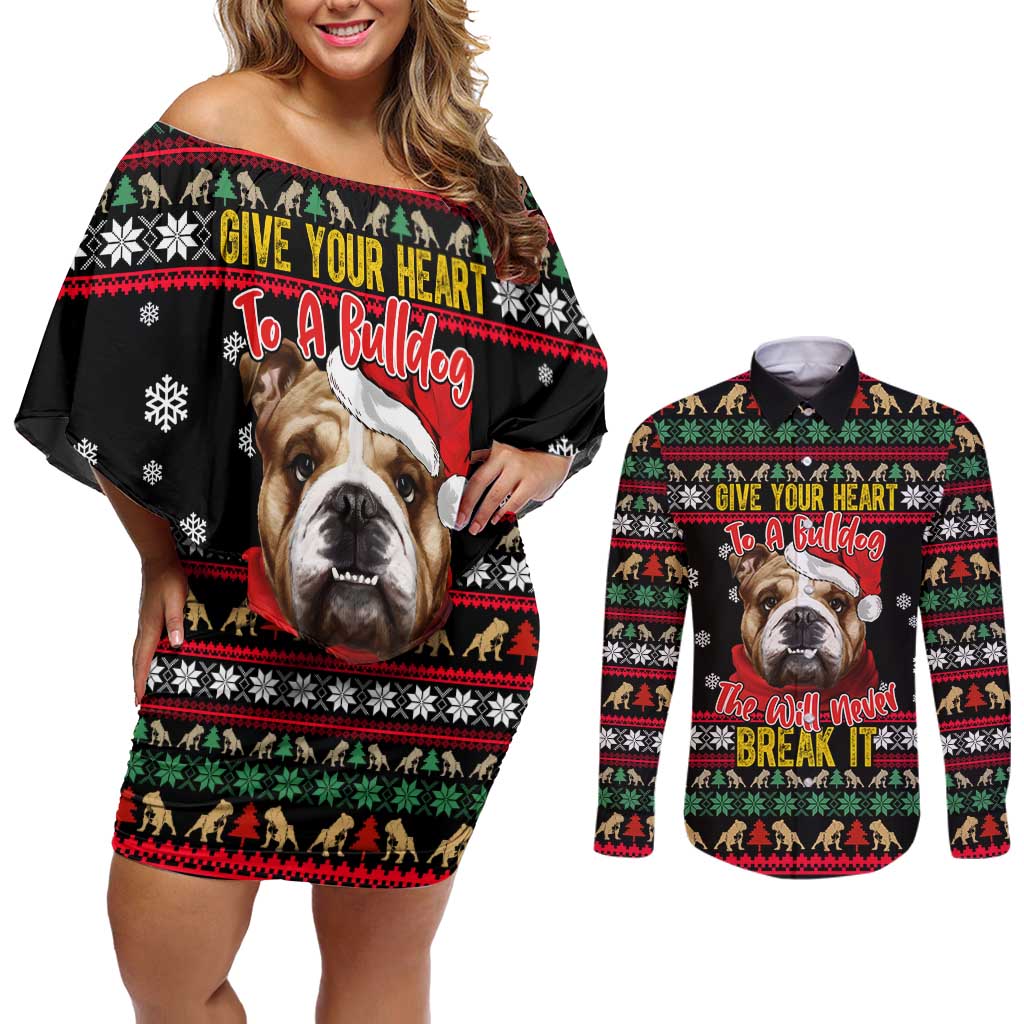 Give Your Heart Bulldog Christmas Couples Matching Off Shoulder Short Dress and Long Sleeve Button Shirt Xmas Holiday Patterns - Wonder Print Shop