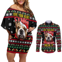 Give Your Heart Bulldog Christmas Couples Matching Off Shoulder Short Dress and Long Sleeve Button Shirt Xmas Holiday Patterns - Wonder Print Shop