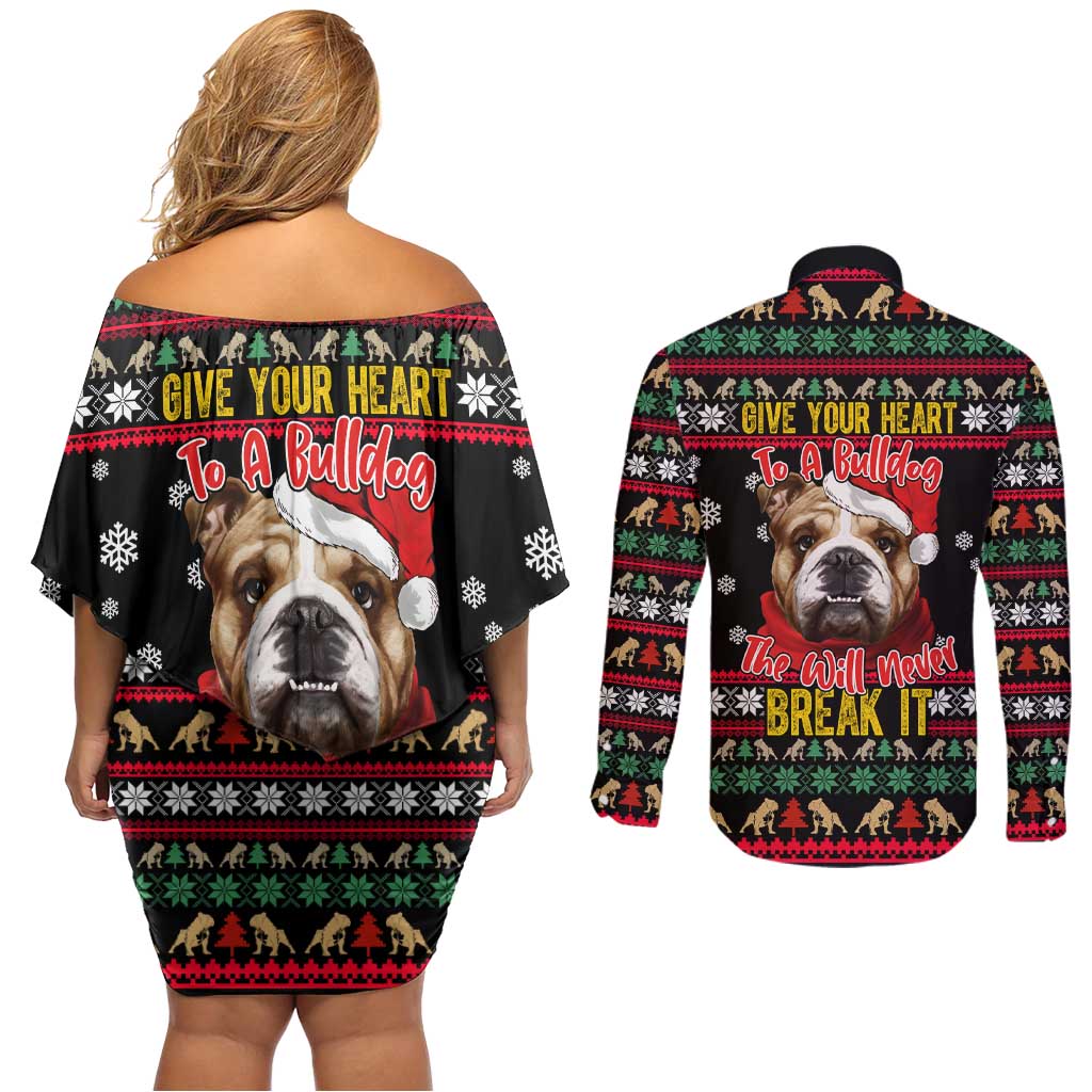 Give Your Heart Bulldog Christmas Couples Matching Off Shoulder Short Dress and Long Sleeve Button Shirt Xmas Holiday Patterns - Wonder Print Shop