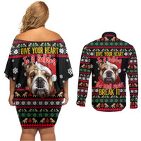 Give Your Heart Bulldog Christmas Couples Matching Off Shoulder Short Dress and Long Sleeve Button Shirt Xmas Holiday Patterns - Wonder Print Shop
