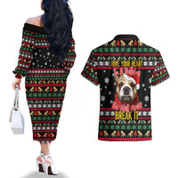 Give Your Heart Bulldog Christmas Couples Matching Off The Shoulder Long Sleeve Dress and Hawaiian Shirt Xmas Holiday Patterns - Wonder Print Shop