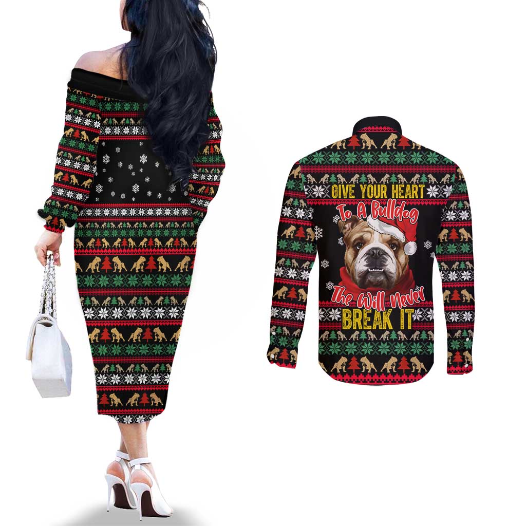 Give Your Heart Bulldog Christmas Couples Matching Off The Shoulder Long Sleeve Dress and Long Sleeve Button Shirt Xmas Holiday Patterns - Wonder Print Shop