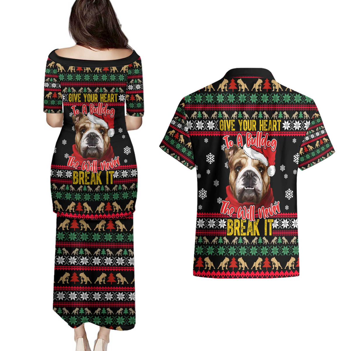 Give Your Heart Bulldog Christmas Couples Matching Puletasi and Hawaiian Shirt Xmas Holiday Patterns - Wonder Print Shop