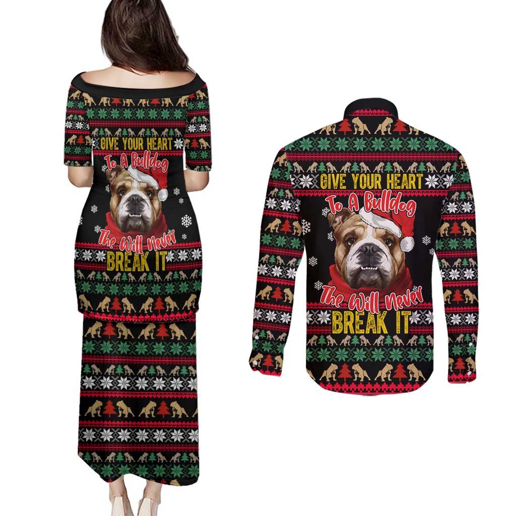 Give Your Heart Bulldog Christmas Couples Matching Puletasi and Long Sleeve Button Shirt Xmas Holiday Patterns - Wonder Print Shop