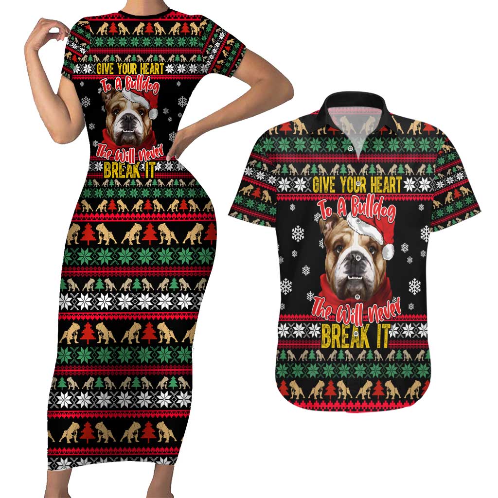 Give Your Heart Bulldog Christmas Couples Matching Short Sleeve Bodycon Dress and Hawaiian Shirt Xmas Holiday Patterns - Wonder Print Shop