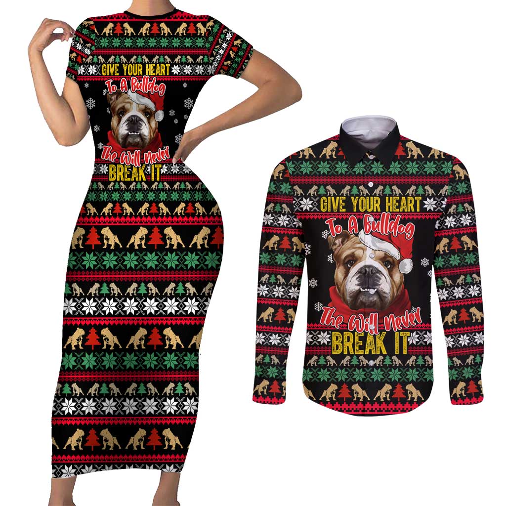 Give Your Heart Bulldog Christmas Couples Matching Short Sleeve Bodycon Dress and Long Sleeve Button Shirt Xmas Holiday Patterns - Wonder Print Shop