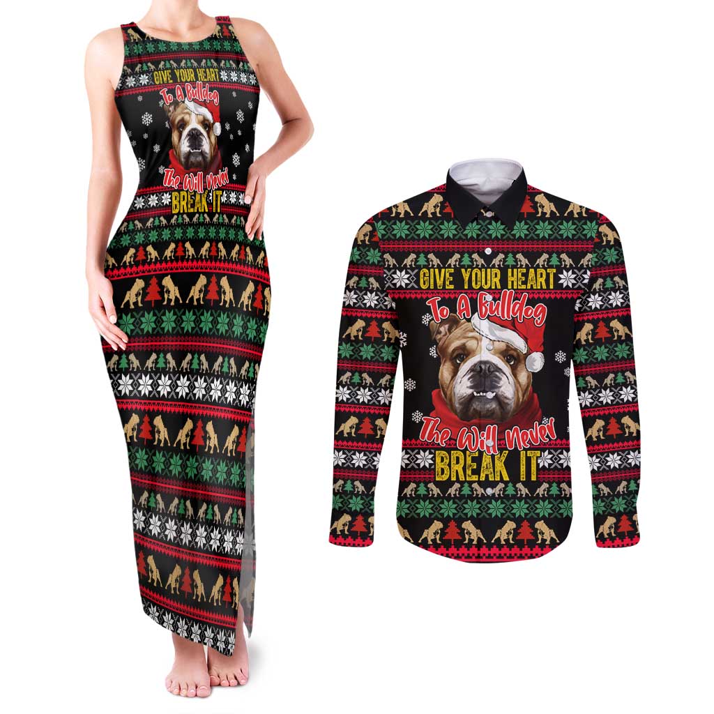 Give Your Heart Bulldog Christmas Couples Matching Tank Maxi Dress and Long Sleeve Button Shirt Xmas Holiday Patterns - Wonder Print Shop