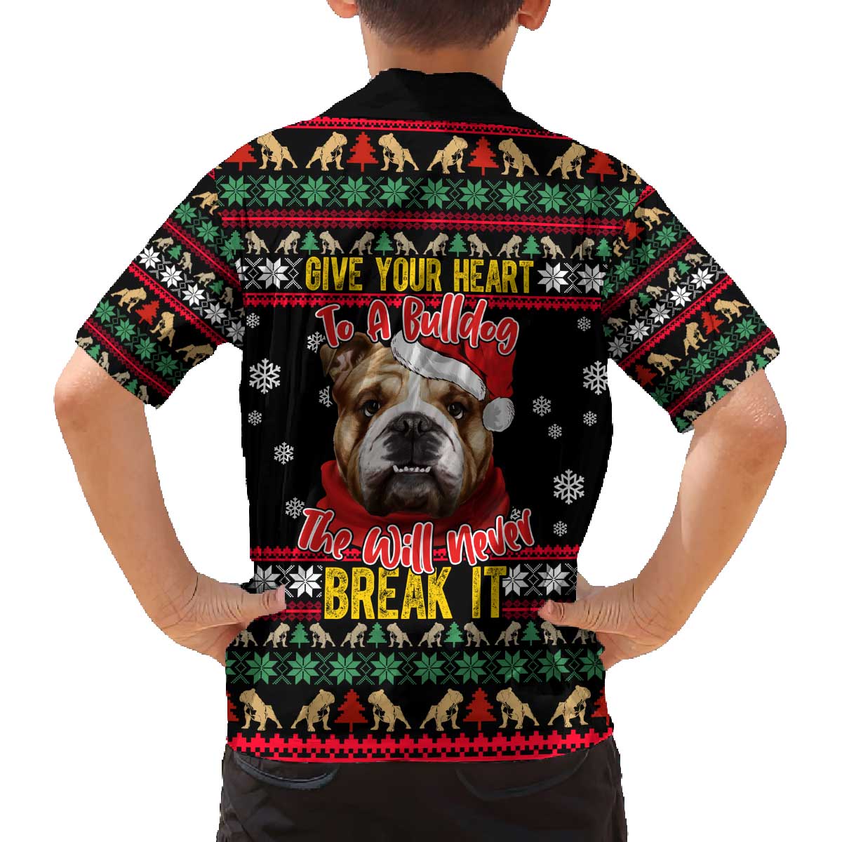 Give Your Heart Bulldog Christmas Family Matching Off The Shoulder Long Sleeve Dress and Hawaiian Shirt Xmas Holiday Patterns - Wonder Print Shop