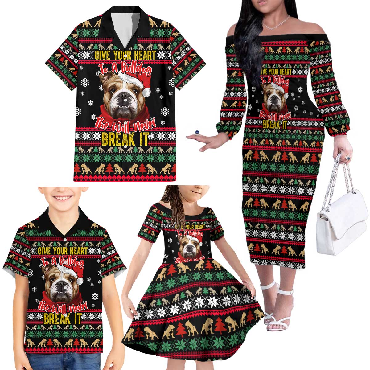 Give Your Heart Bulldog Christmas Family Matching Off The Shoulder Long Sleeve Dress and Hawaiian Shirt Xmas Holiday Patterns - Wonder Print Shop