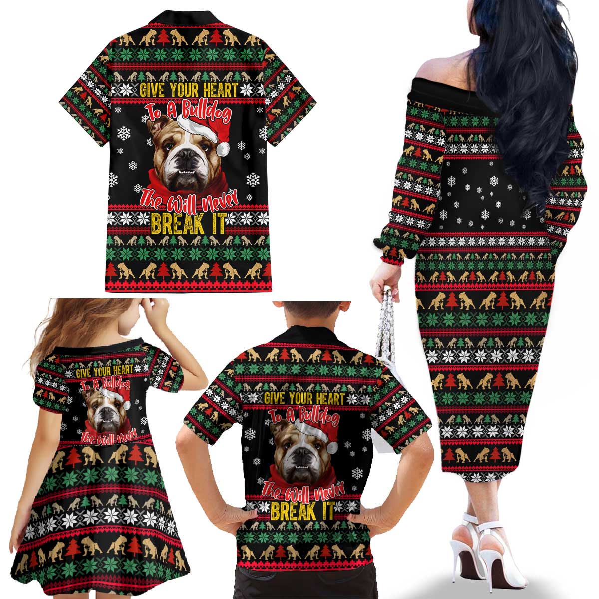 Give Your Heart Bulldog Christmas Family Matching Off The Shoulder Long Sleeve Dress and Hawaiian Shirt Xmas Holiday Patterns - Wonder Print Shop
