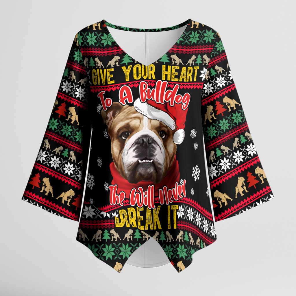Give Your Heart Bulldog Christmas Kimono Sleeve Blouse Xmas Holiday Patterns - Wonder Print Shop
