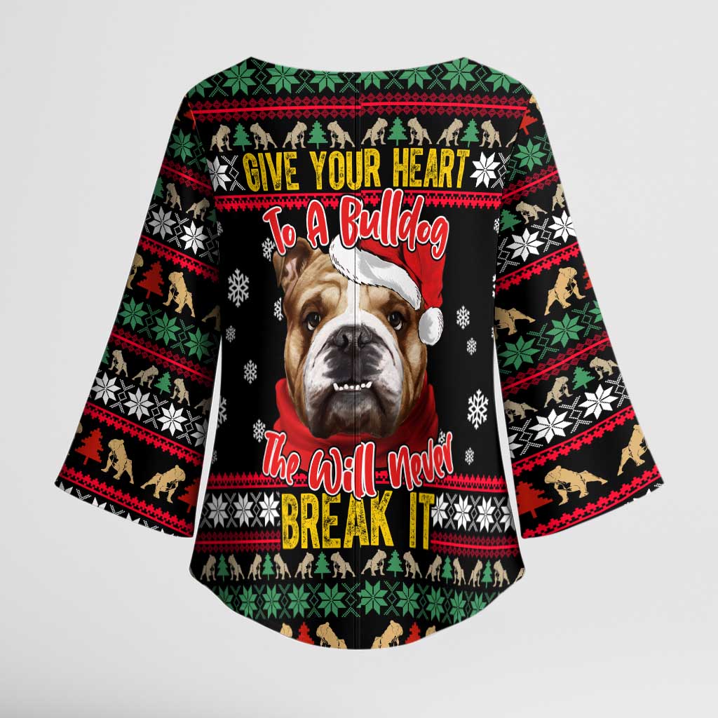 Give Your Heart Bulldog Christmas Kimono Sleeve Blouse Xmas Holiday Patterns - Wonder Print Shop