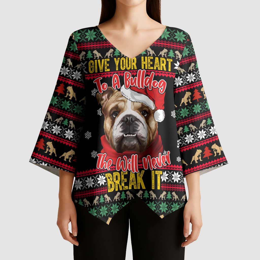 Give Your Heart Bulldog Christmas Kimono Sleeve Blouse Xmas Holiday Patterns - Wonder Print Shop