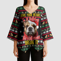 Give Your Heart Bulldog Christmas Kimono Sleeve Blouse Xmas Holiday Patterns - Wonder Print Shop
