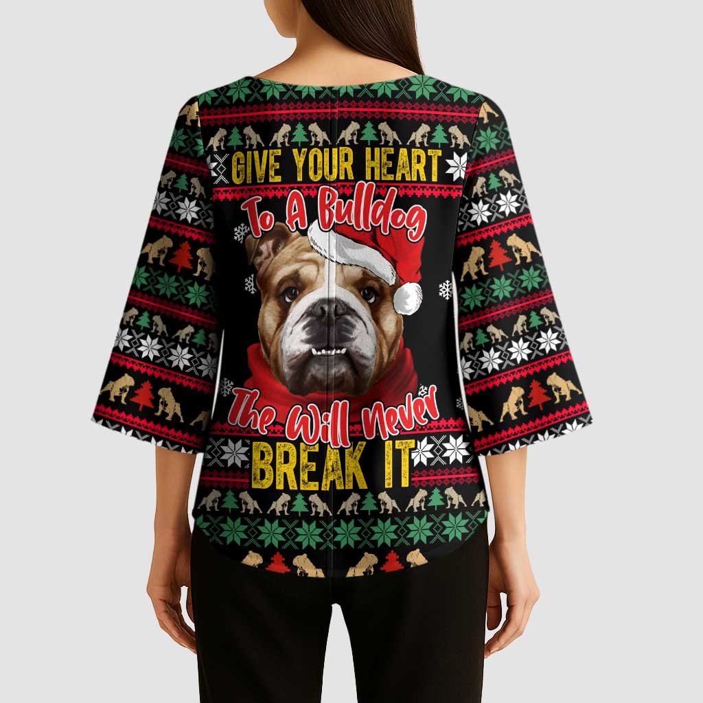 Give Your Heart Bulldog Christmas Kimono Sleeve Blouse Xmas Holiday Patterns - Wonder Print Shop
