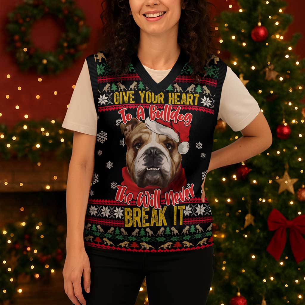 Give Your Heart Bulldog Christmas Knitted V-Neck Vest Xmas Holiday Patterns - Wonder Print Shop