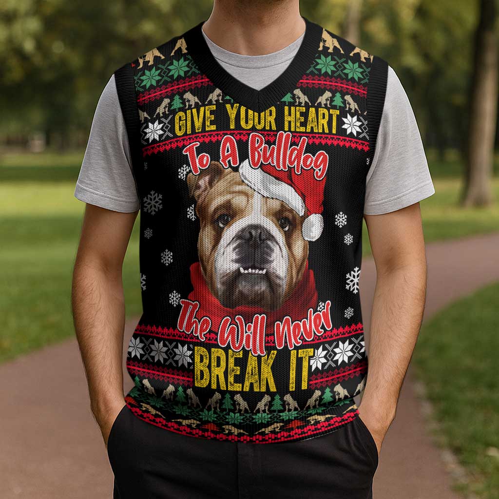 Give Your Heart Bulldog Christmas Knitted V-Neck Vest Xmas Holiday Patterns - Wonder Print Shop