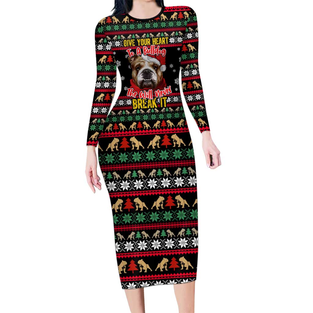 Give Your Heart Bulldog Christmas Long Sleeve Bodycon Dress Xmas Holiday Patterns - Wonder Print Shop