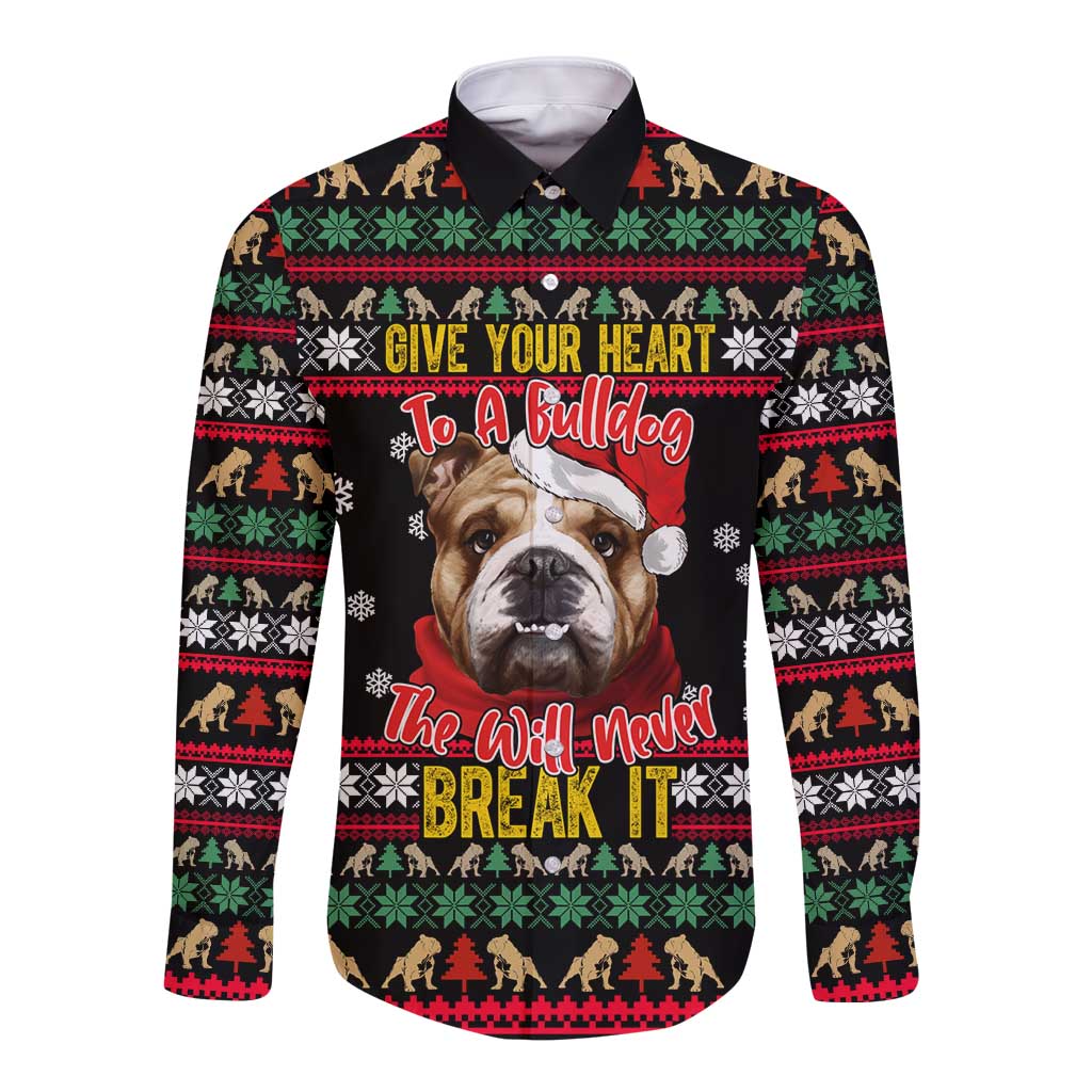 Give Your Heart Bulldog Christmas Long Sleeve Button Shirt Xmas Holiday Patterns - Wonder Print Shop