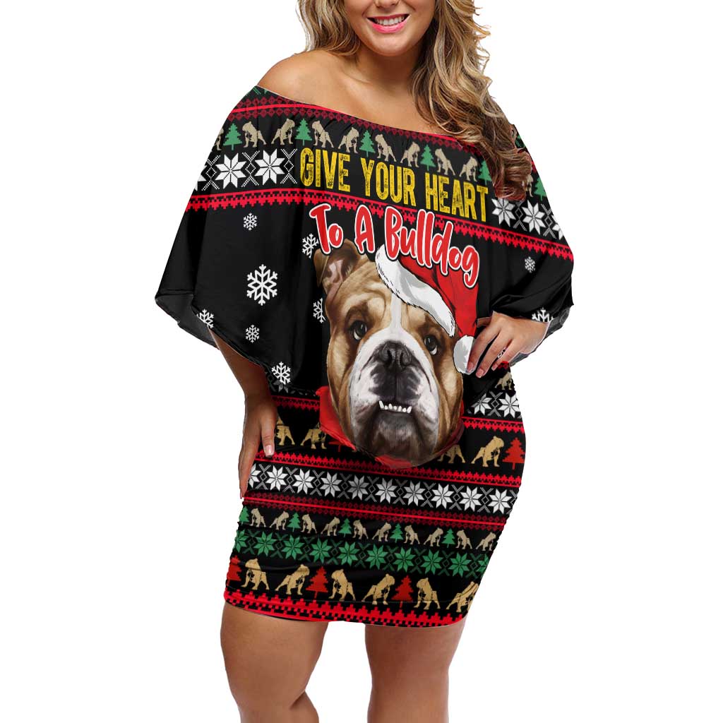 Give Your Heart Bulldog Christmas Off Shoulder Short Dress Xmas Holiday Patterns - Wonder Print Shop