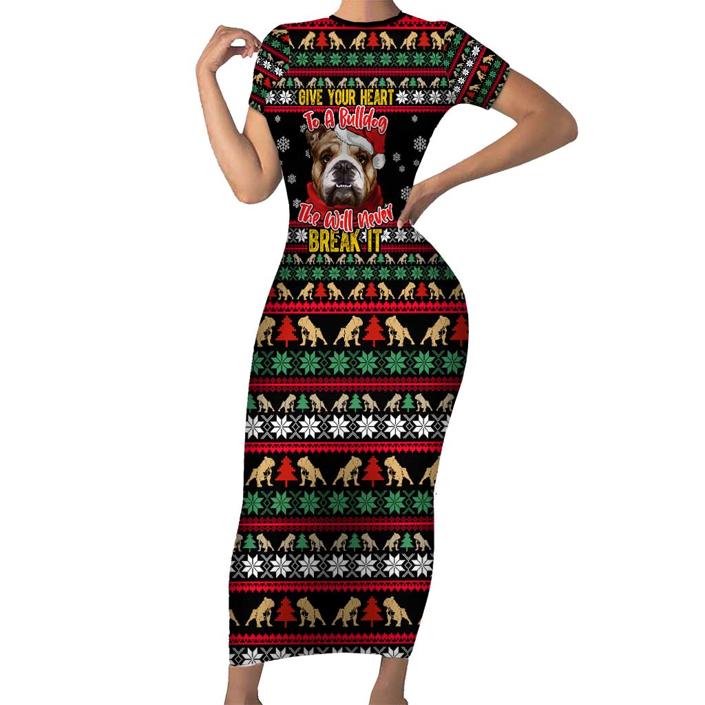 Give Your Heart Bulldog Christmas Short Sleeve Bodycon Dress Xmas Holiday Patterns - Wonder Print Shop