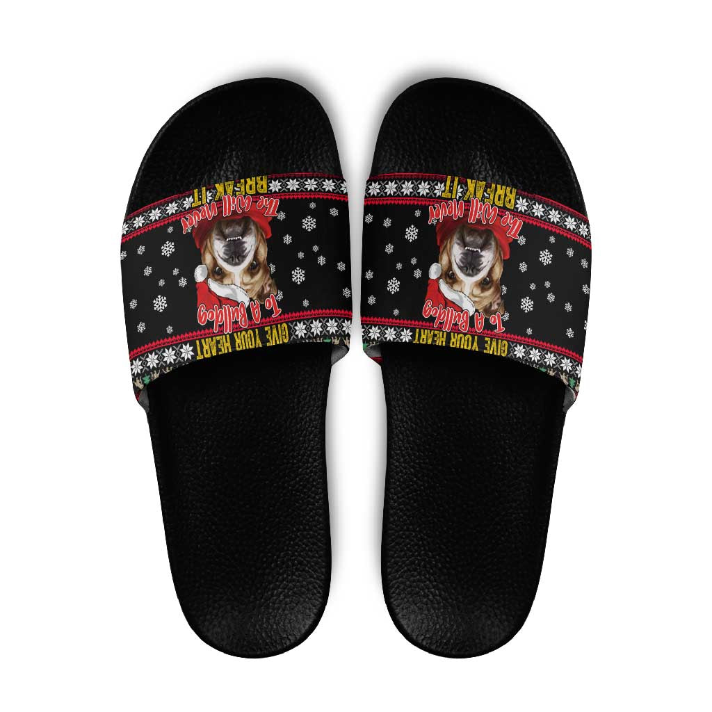 Give Your Heart Bulldog Christmas Slide Sandals Xmas Holiday Patterns - Wonder Print Shop