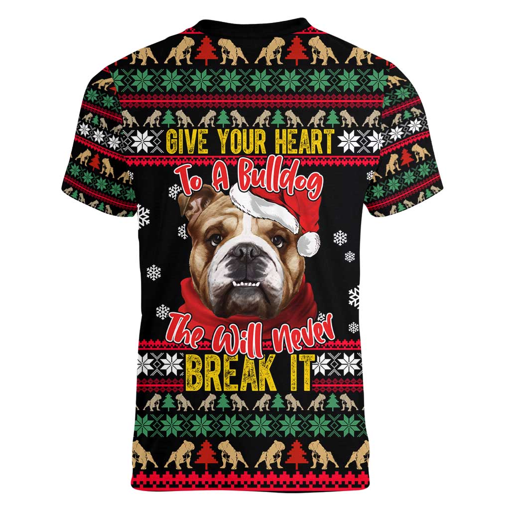 Give Your Heart Bulldog Christmas Women V-Neck T-Shirt Xmas Holiday Patterns - Wonder Print Shop