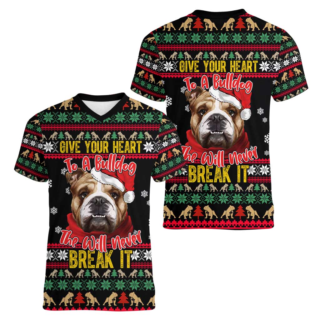 Give Your Heart Bulldog Christmas Women V-Neck T-Shirt Xmas Holiday Patterns - Wonder Print Shop
