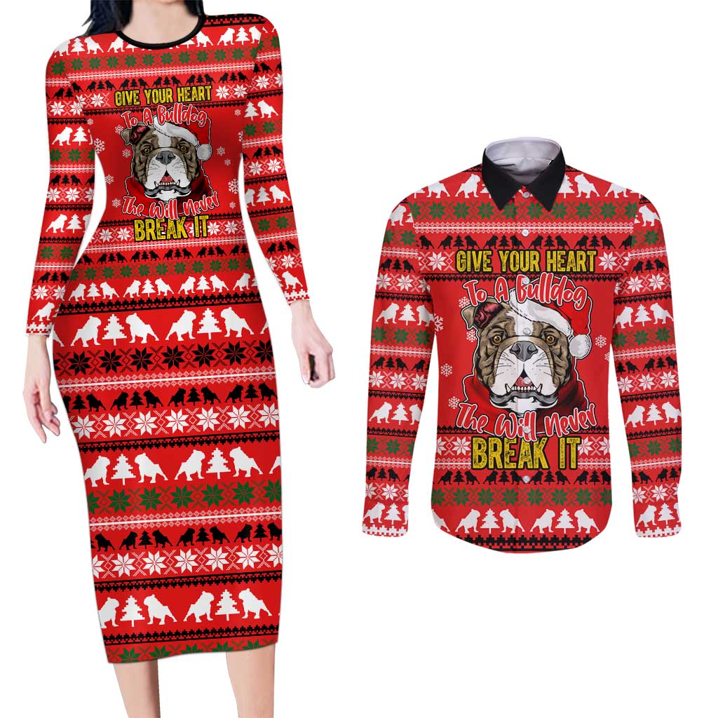 Give Your Heart Pitbull Dog Christmas Couples Matching Long Sleeve Bodycon Dress and Long Sleeve Button Shirt Xmas Holiday Patterns - Wonder Print Shop