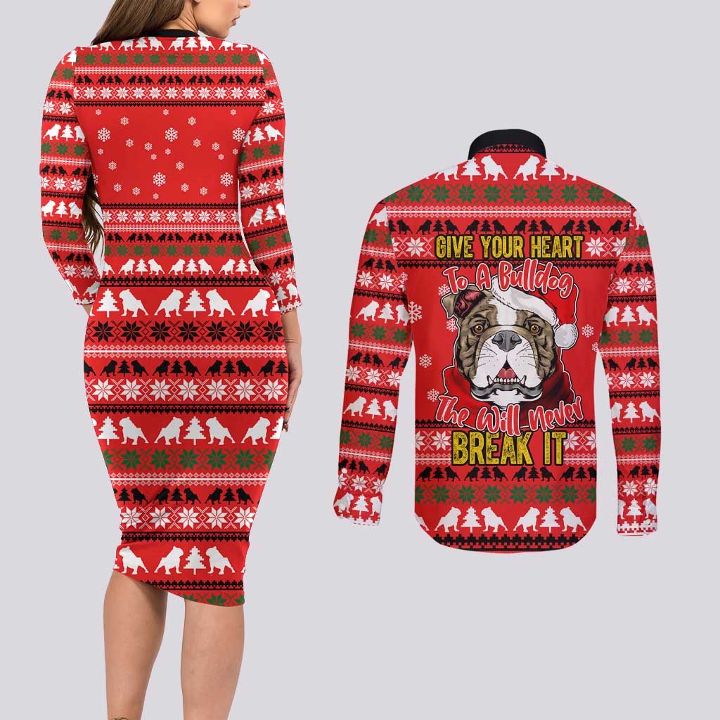 Give Your Heart Pitbull Dog Christmas Couples Matching Long Sleeve Bodycon Dress and Long Sleeve Button Shirt Xmas Holiday Patterns - Wonder Print Shop