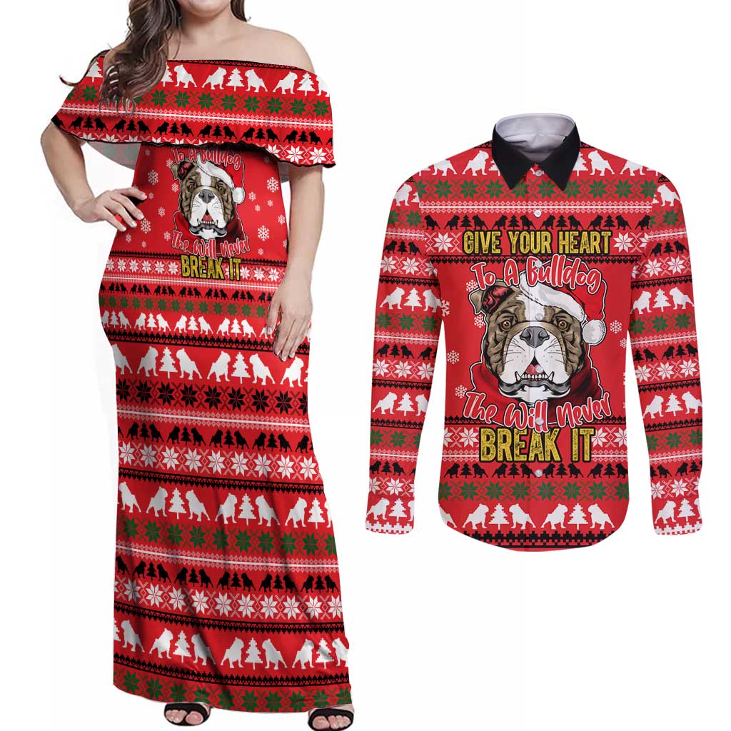 Give Your Heart Pitbull Dog Christmas Couples Matching Off Shoulder Maxi Dress and Long Sleeve Button Shirt Xmas Holiday Patterns - Wonder Print Shop