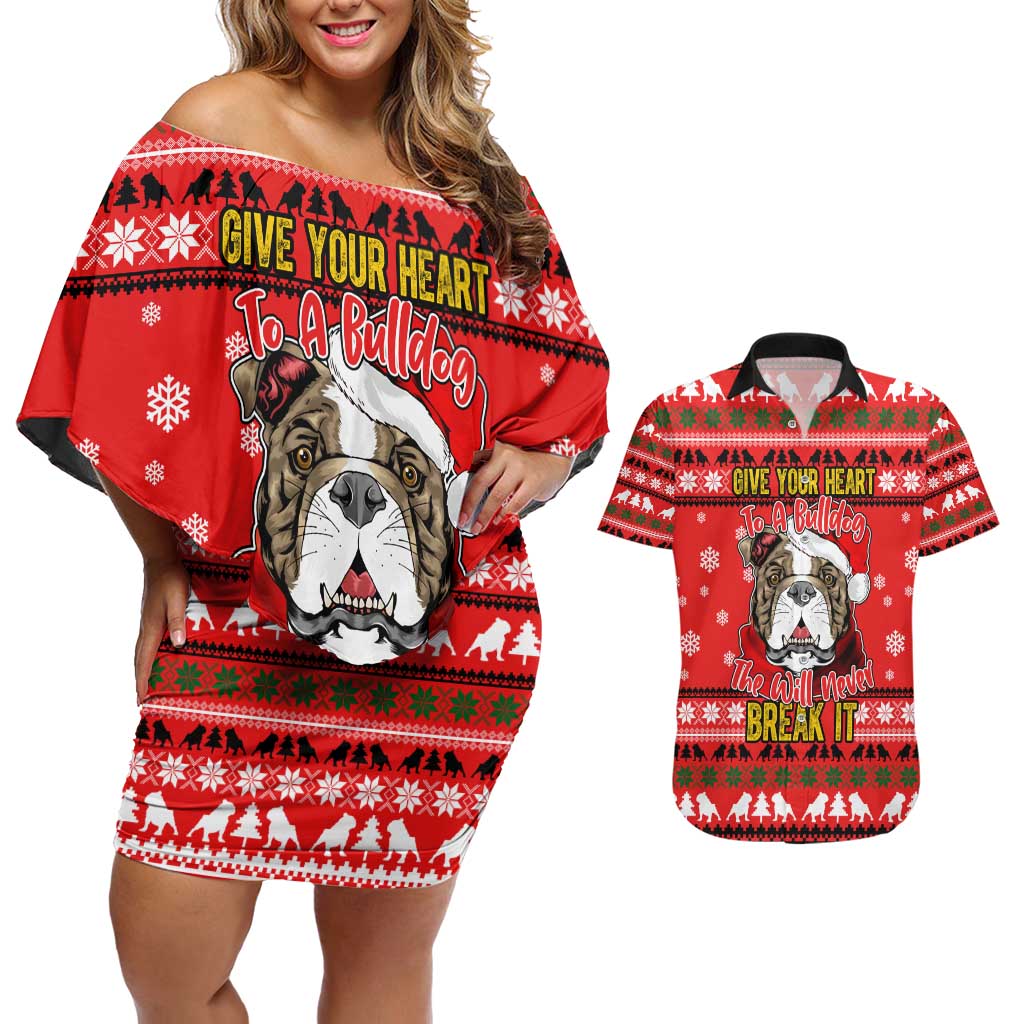 Give Your Heart Pitbull Dog Christmas Couples Matching Off Shoulder Short Dress and Hawaiian Shirt Xmas Holiday Patterns - Wonder Print Shop
