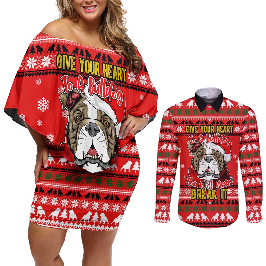 Give Your Heart Pitbull Dog Christmas Couples Matching Off Shoulder Short Dress and Long Sleeve Button Shirt Xmas Holiday Patterns - Wonder Print Shop