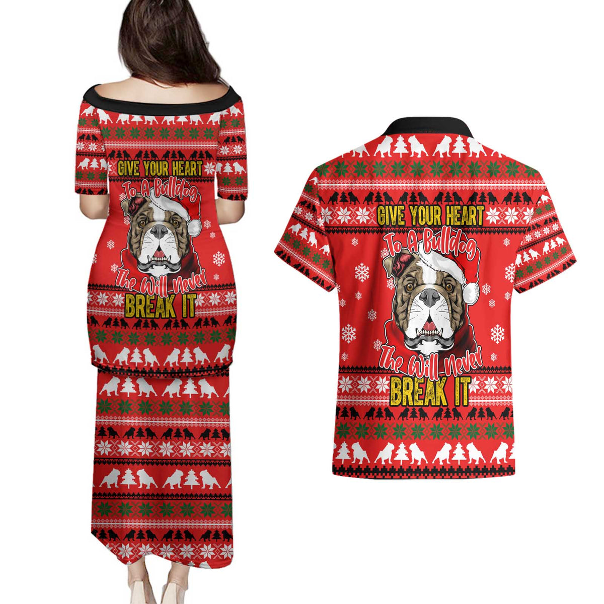 Give Your Heart Pitbull Dog Christmas Couples Matching Puletasi and Hawaiian Shirt Xmas Holiday Patterns - Wonder Print Shop