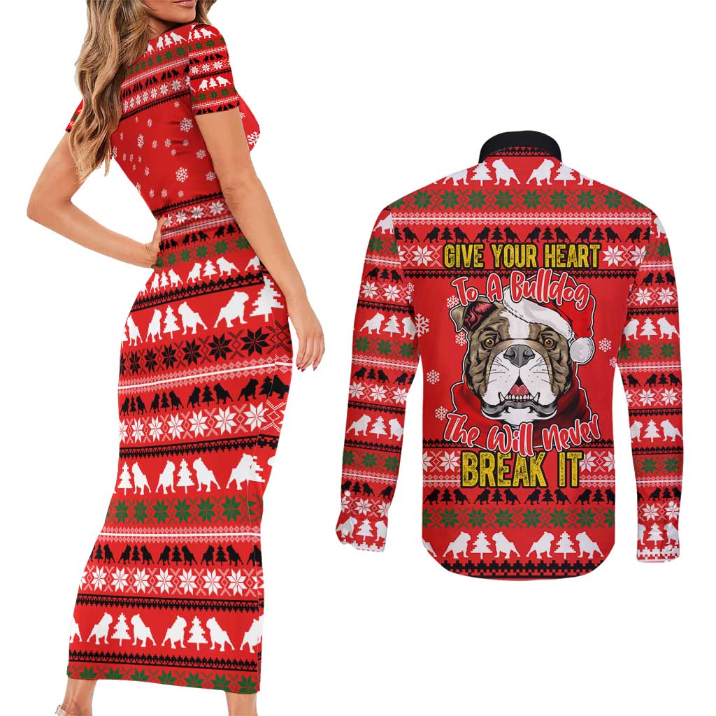 Give Your Heart Pitbull Dog Christmas Couples Matching Short Sleeve Bodycon Dress and Long Sleeve Button Shirt Xmas Holiday Patterns - Wonder Print Shop