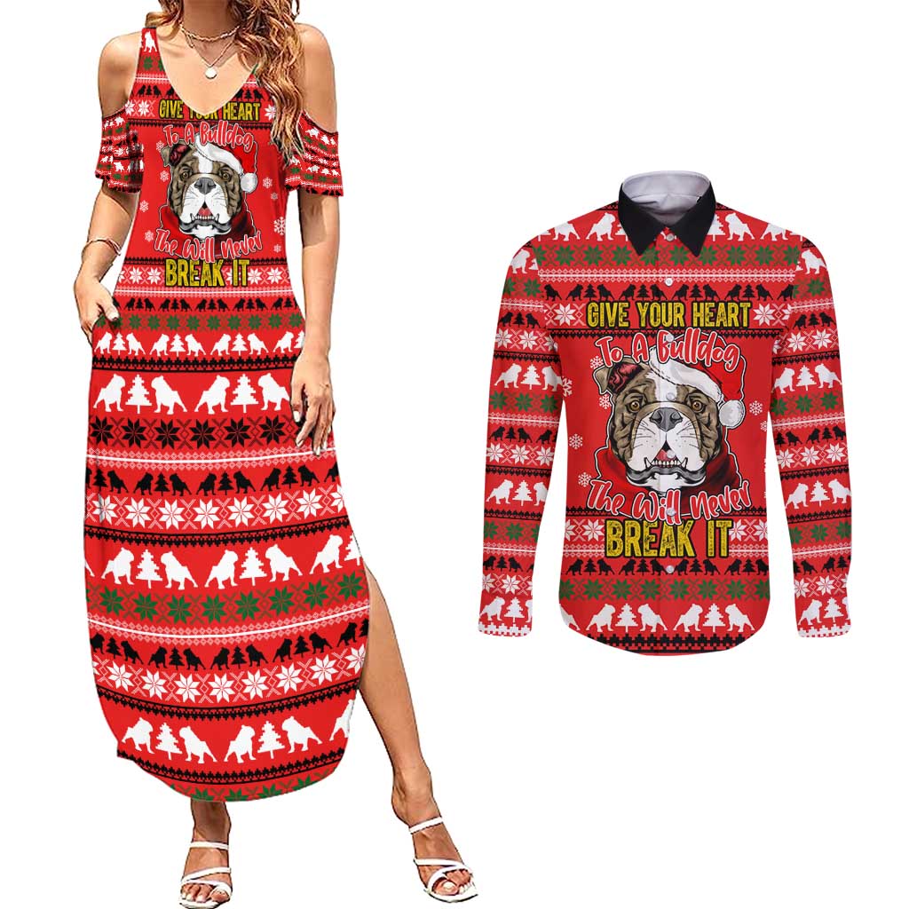 Give Your Heart Pitbull Dog Christmas Couples Matching Summer Maxi Dress and Long Sleeve Button Shirt Xmas Holiday Patterns - Wonder Print Shop