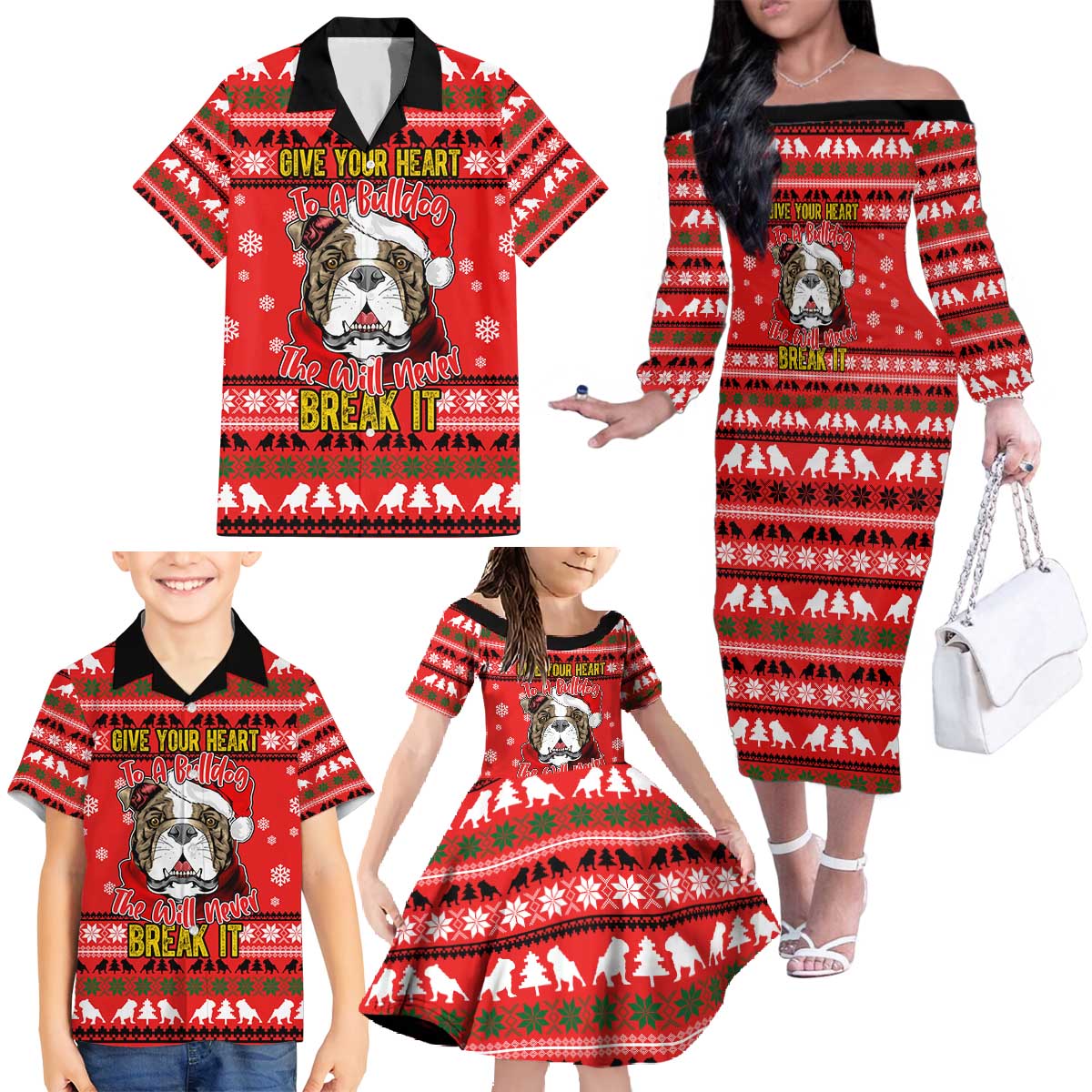 Give Your Heart Pitbull Dog Christmas Family Matching Off The Shoulder Long Sleeve Dress and Hawaiian Shirt Xmas Holiday Patterns - Wonder Print Shop