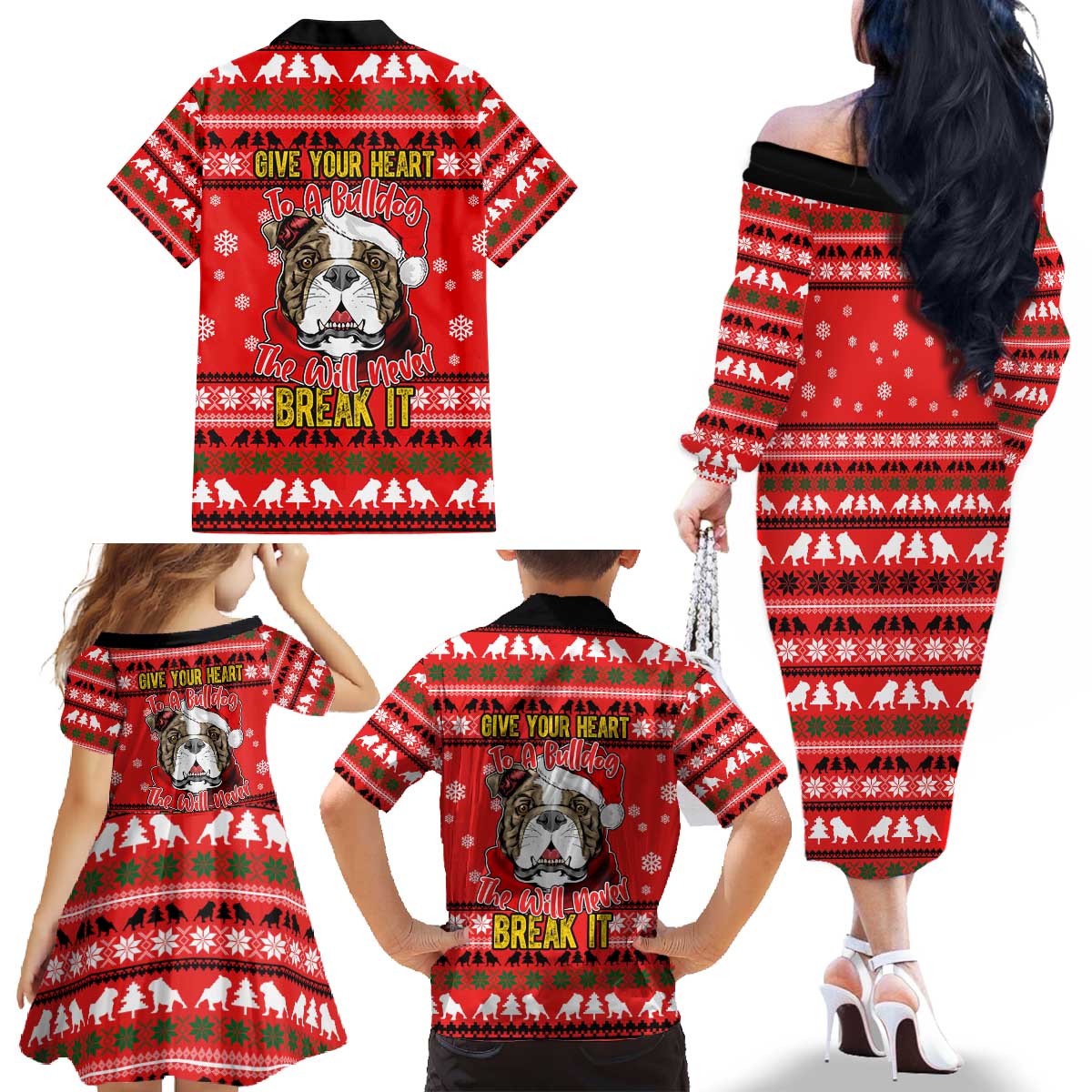 Give Your Heart Pitbull Dog Christmas Family Matching Off The Shoulder Long Sleeve Dress and Hawaiian Shirt Xmas Holiday Patterns - Wonder Print Shop